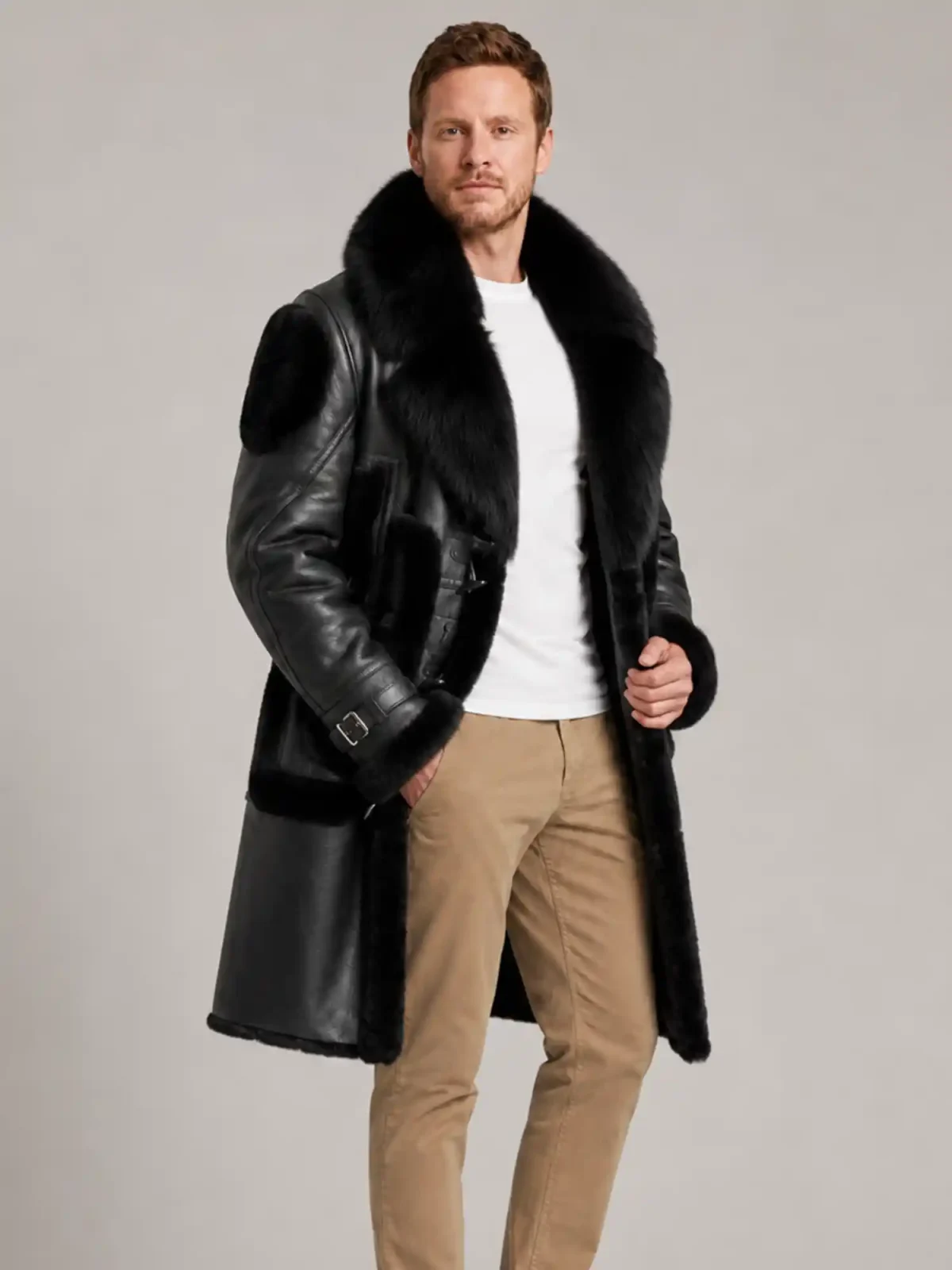 Men's Black Shearling Crystal fur Leather Coat