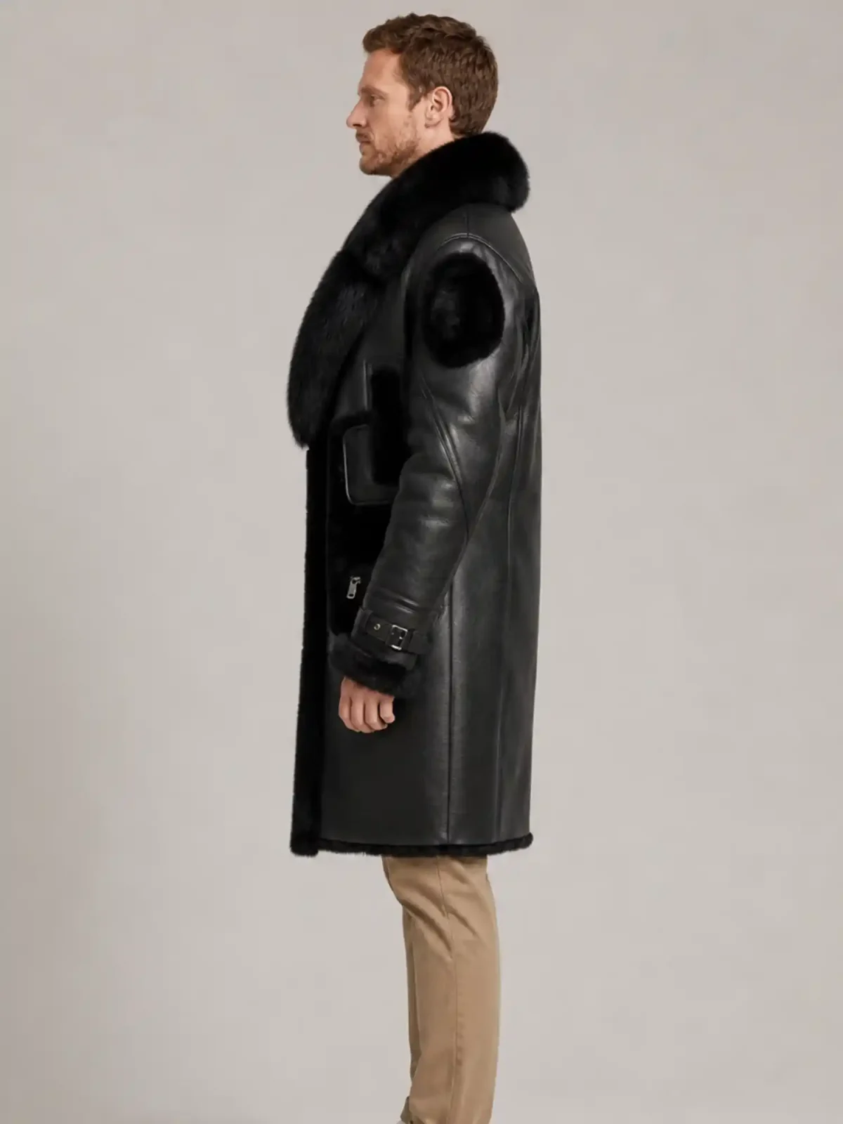 Men's Black Shearling Crystal fur Leather Coat