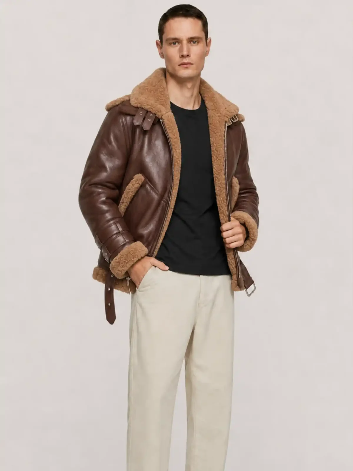 Men's Shearling Brown Aviator Double Collar leather Jacket