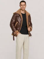 Men's Shearling Brown Aviator Double Collar leather Jacket