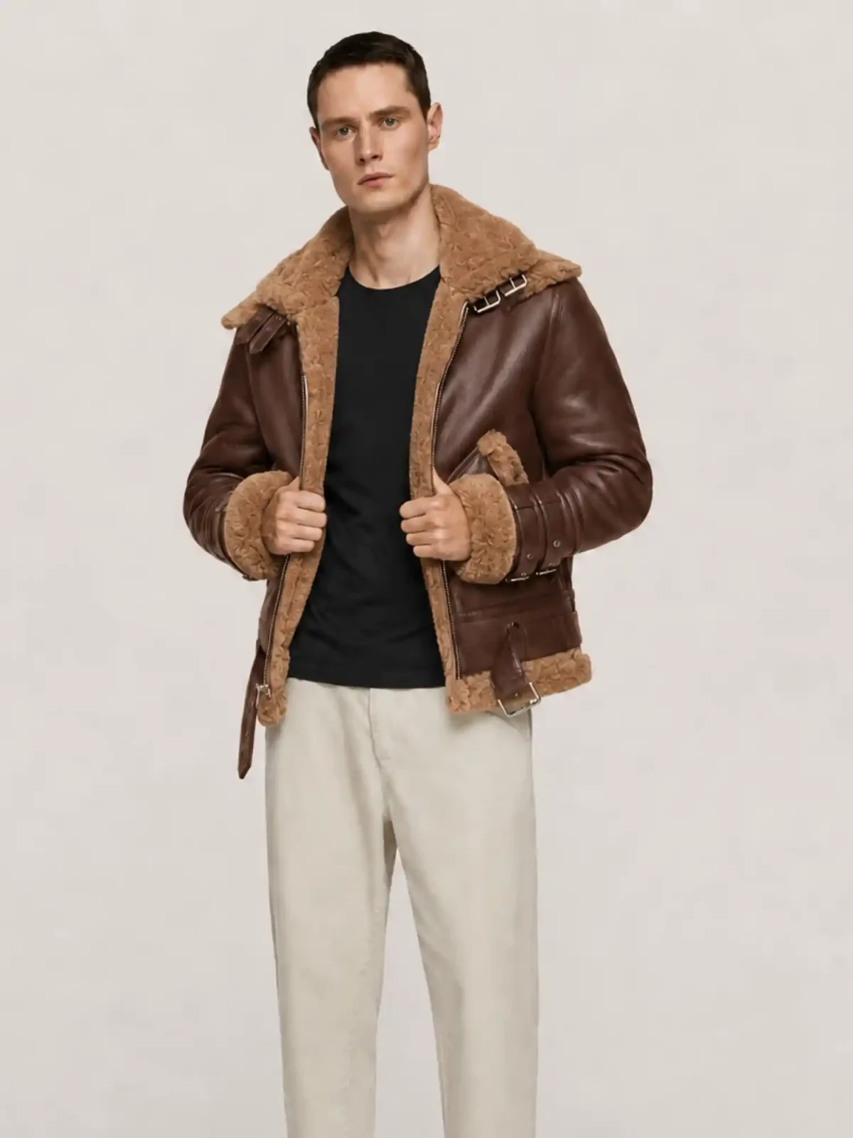 Men's Shearling Brown Aviator Double Collar leather Jacket