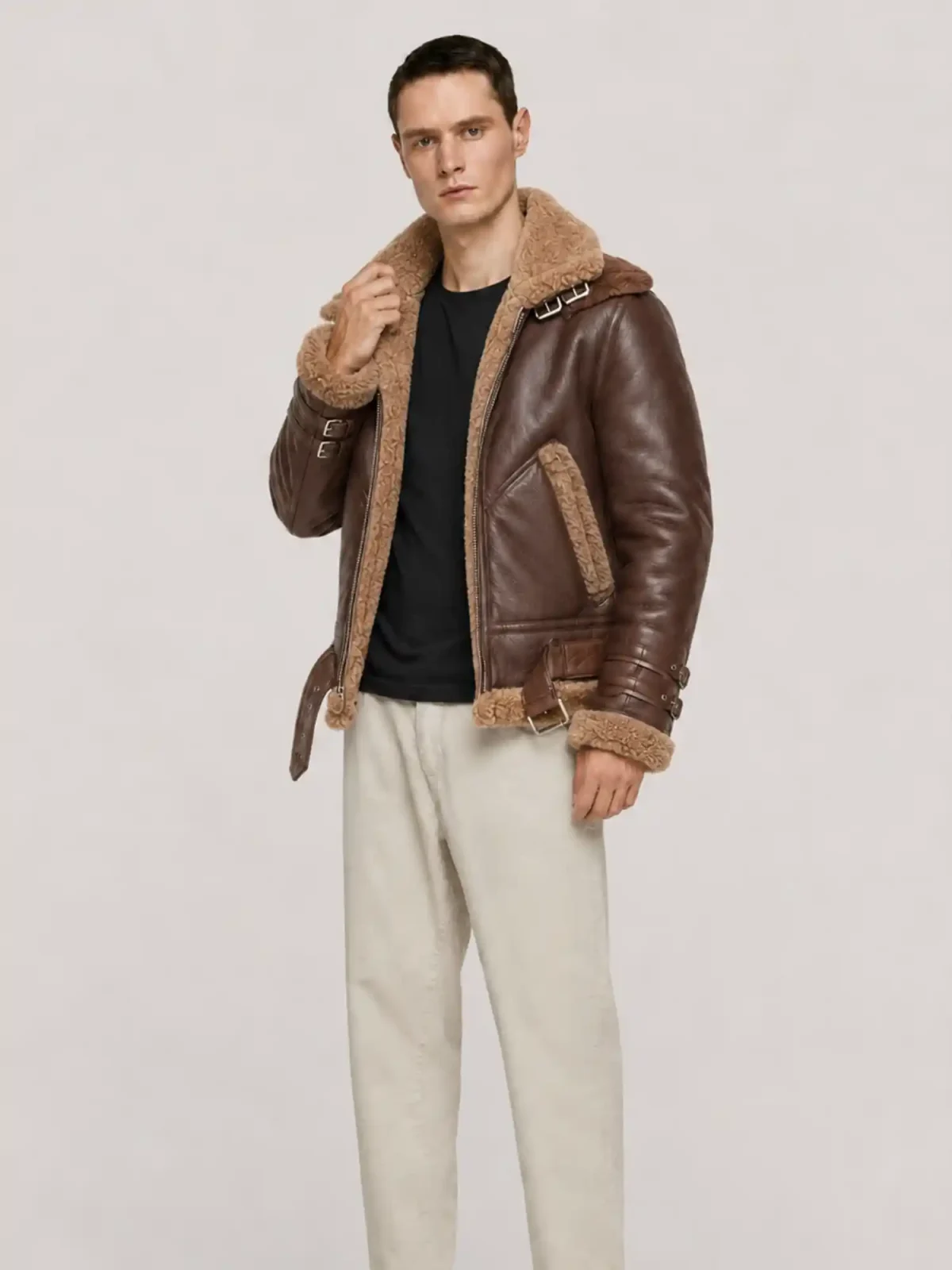 Men's Shearling Brown Aviator Double Collar leather Jacket