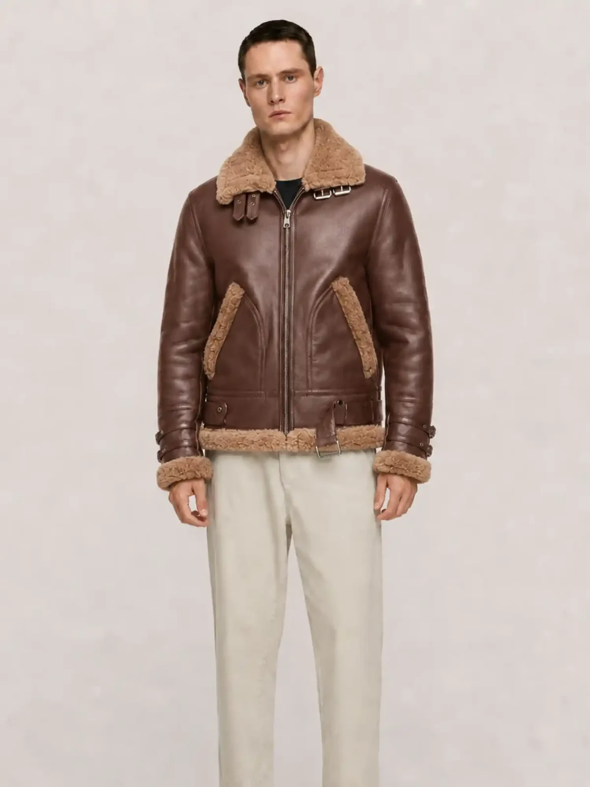 Men's Shearling Brown Aviator Double Collar leather Jacket