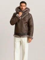 Men's Shearling Brown Biker Style With Fur And Hood