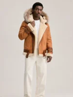 Men's Shearling Distressed Brown Pilot Style With Hood