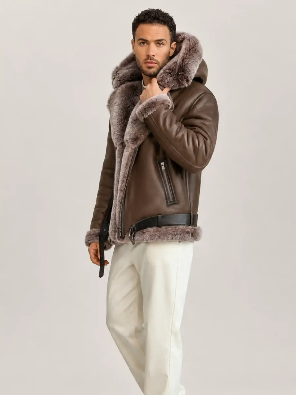 Men's Shearling Brown Biker Style With Fur And Hood