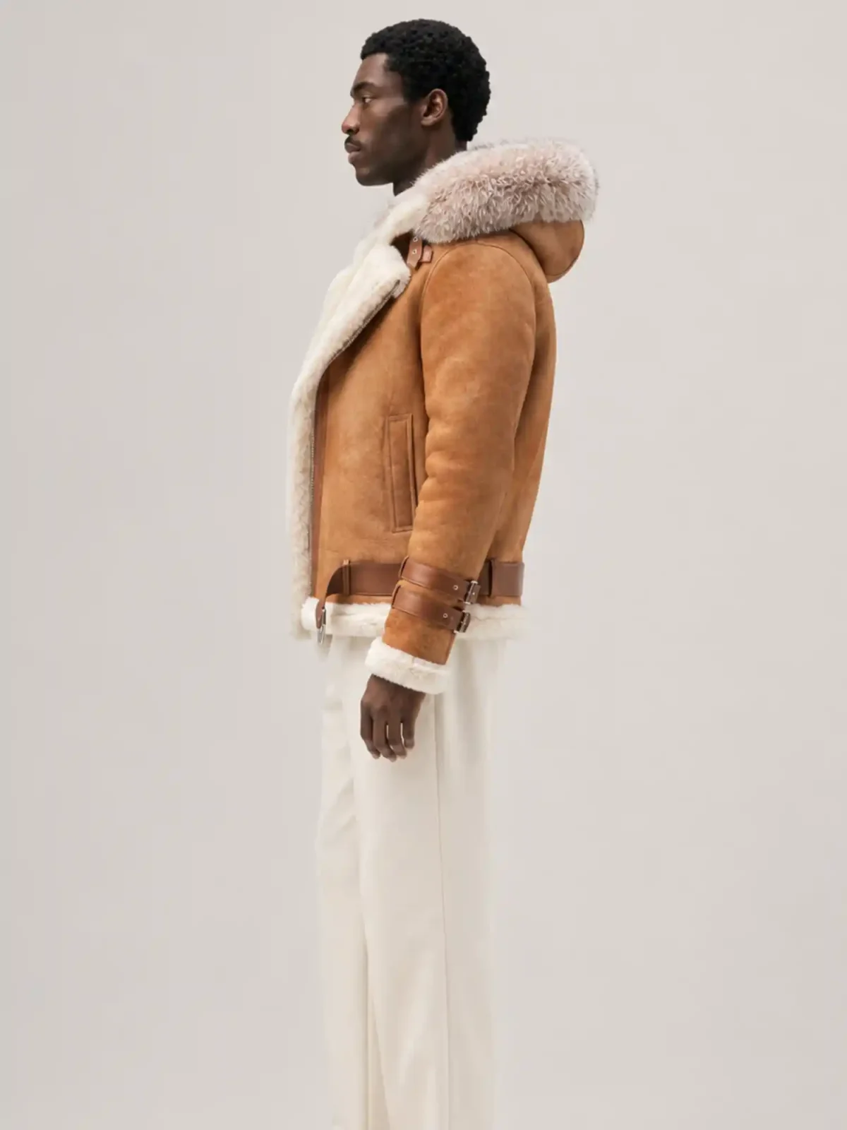 Men's Shearling Distressed Brown Pilot Style With Hood