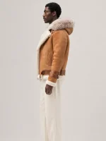 Men's Shearling Distressed Brown Pilot Style With Hood