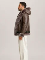 Men's Shearling Brown Biker Style With Fur And Hood