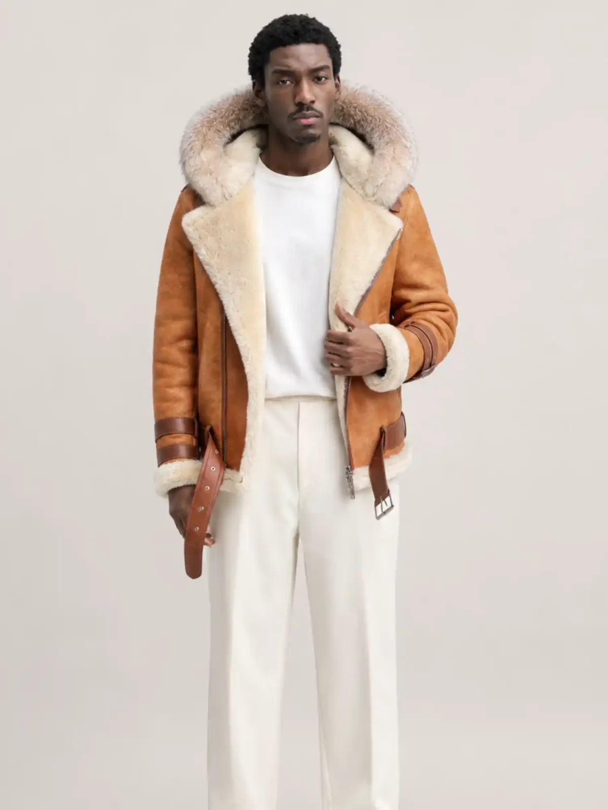 Men's Shearling Distressed Brown Pilot Style With Hood