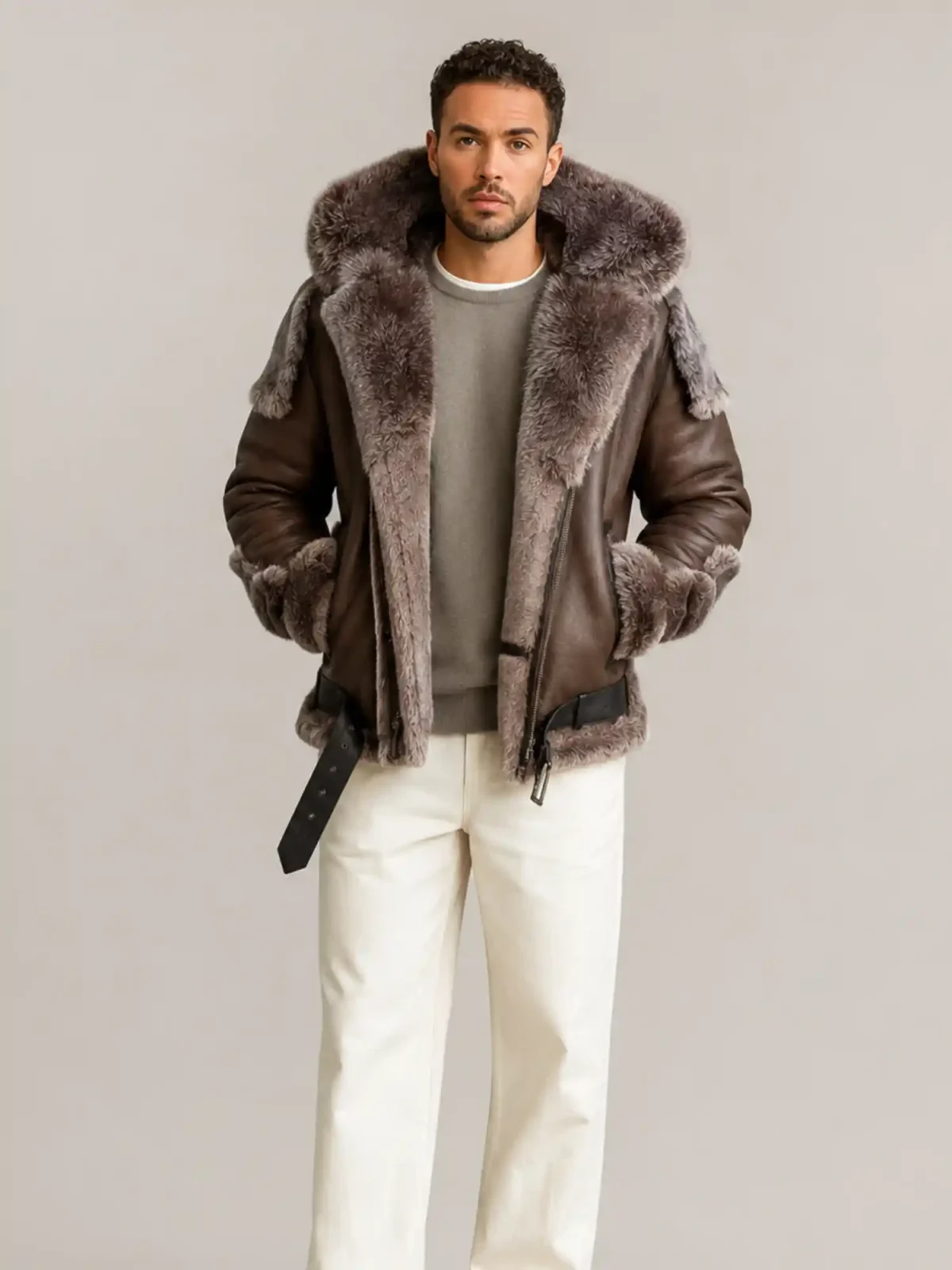 Men's Shearling Brown Biker Style With Fur And Hood