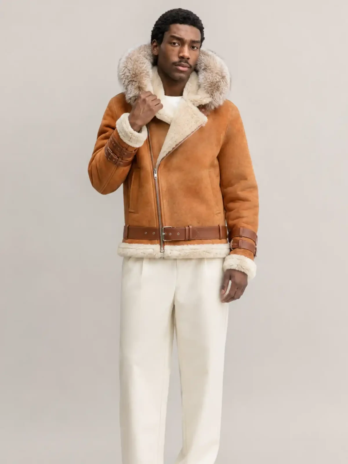 Men's Shearling Distressed Brown Pilot Style With Hood