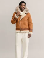 Men's Shearling Distressed Brown Pilot Style With Hood