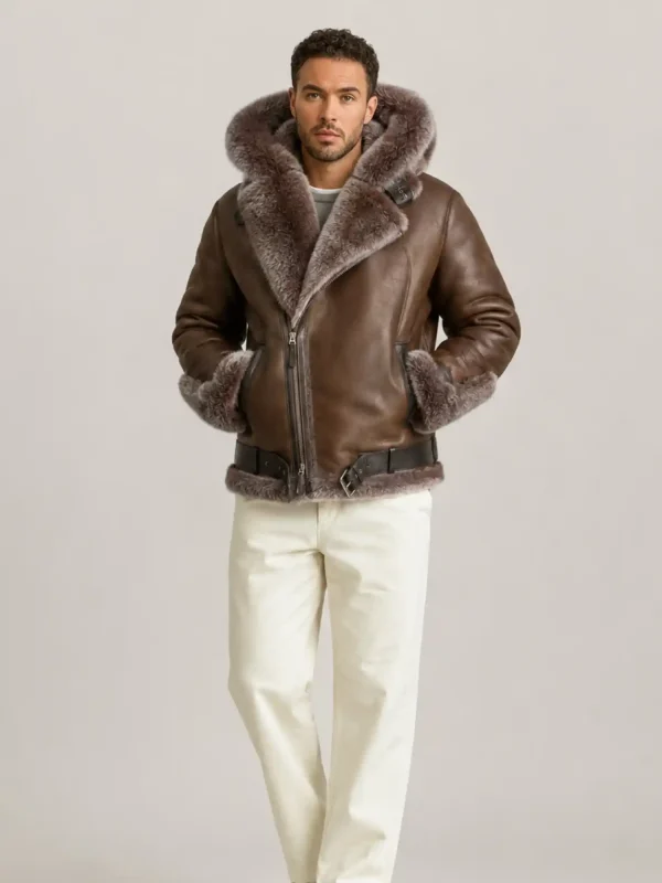 Men's Shearling Brown Biker Style With Fur And Hood