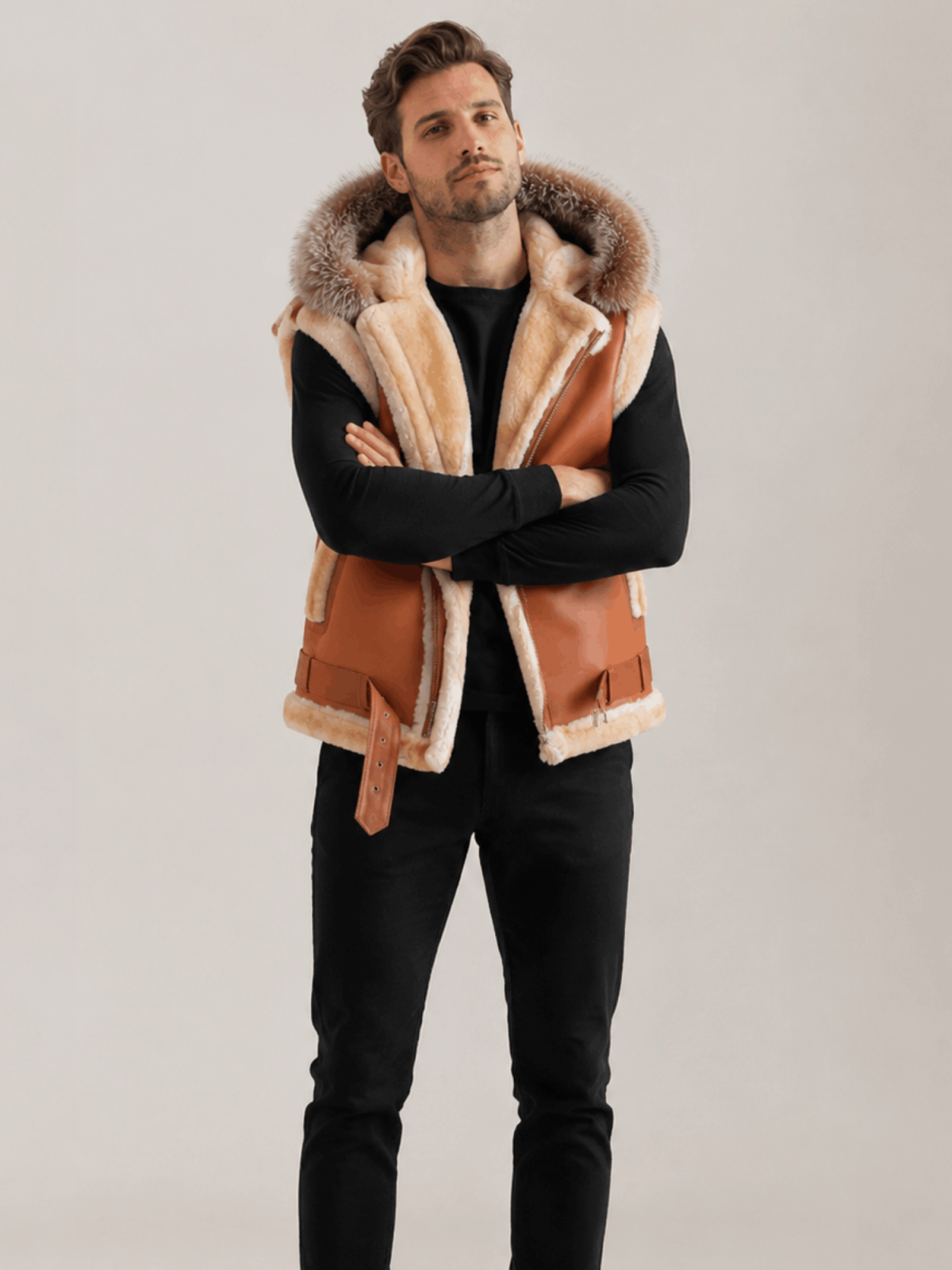 Men's Leather Shearling VEST Brown With Crystal Hood