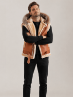 Men's Leather Shearling VEST Brown With Crystal Hood