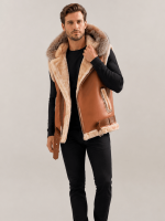 Men's Leather Shearling VEST Brown With Crystal Hood