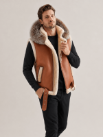 Men's Leather Shearling VEST Brown With Crystal Hood