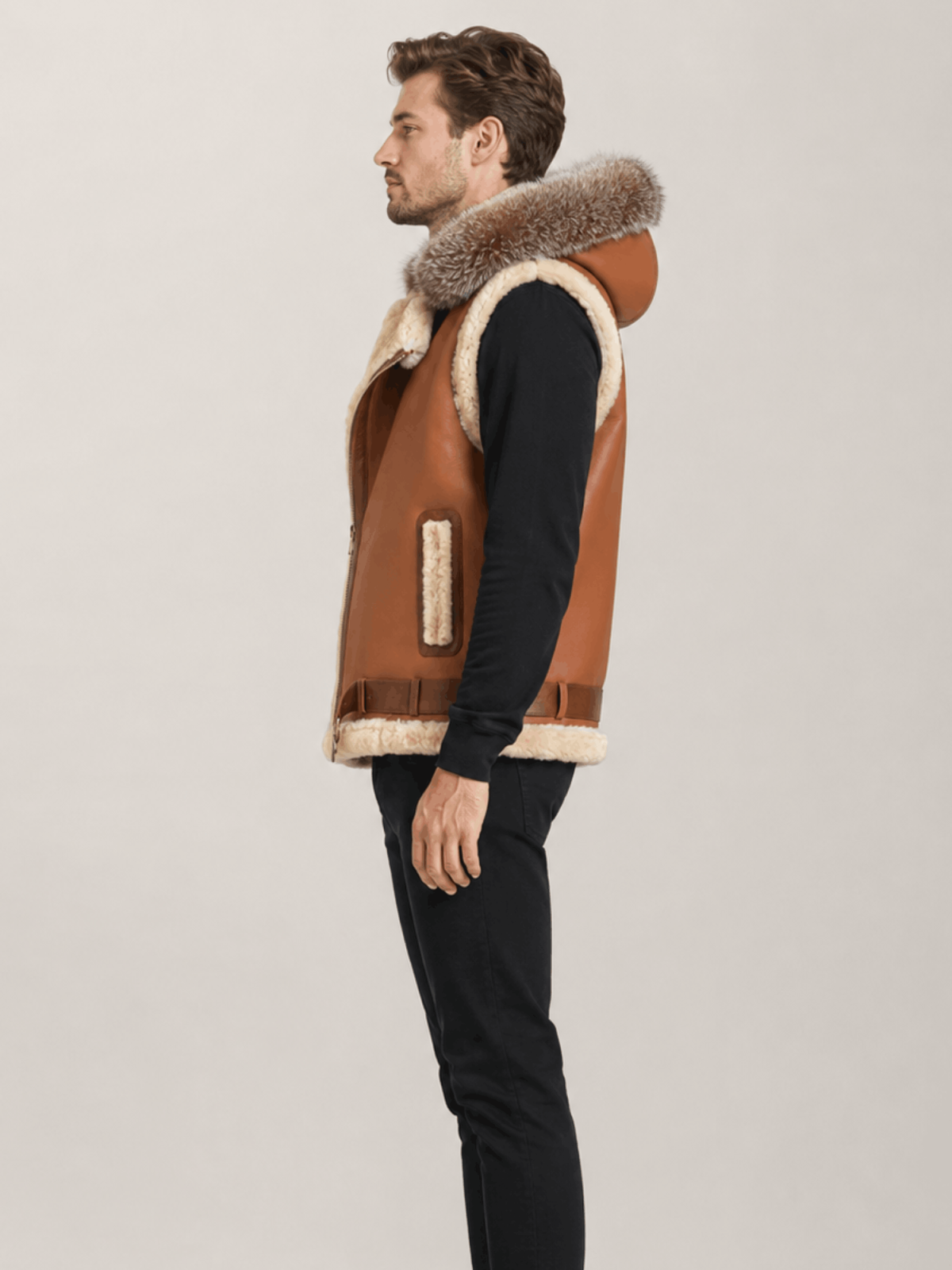 Men's Leather Shearling VEST Brown With Crystal Hood