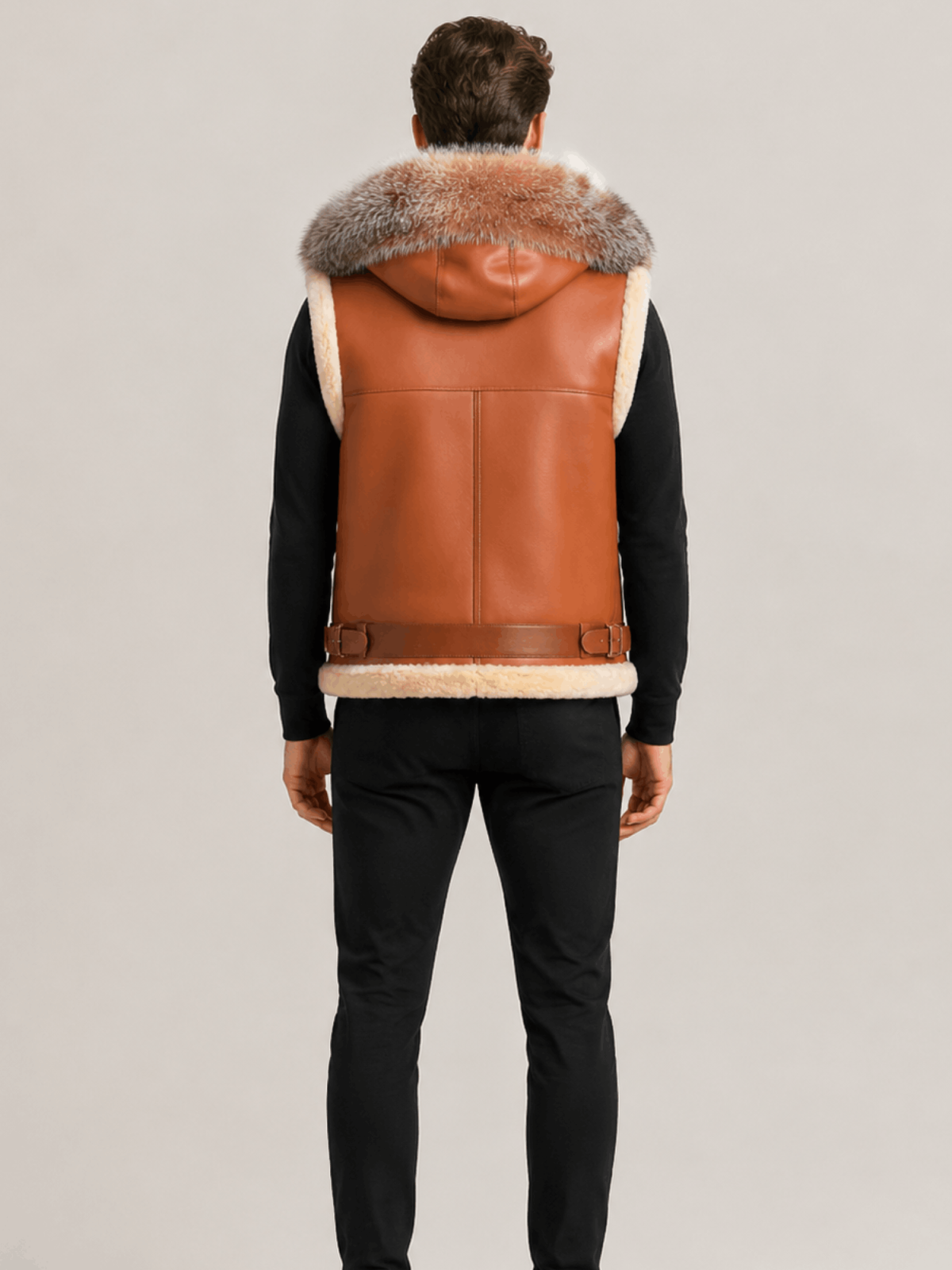 Men's Leather Shearling VEST Brown With Crystal Hood