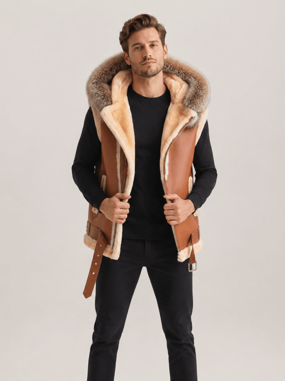 Men's Leather Shearling VEST Brown With Crystal Hood