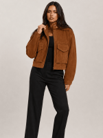 Women's Cognac Brown Clay Funnel Neck Suede Cropped Jacket