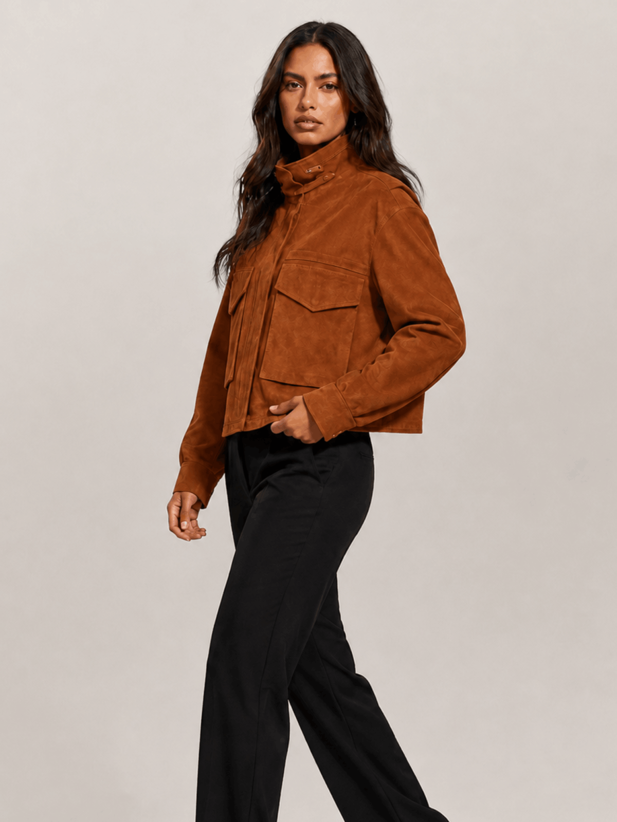 Women's Cognac Brown Clay Funnel Neck Suede Cropped Jacket