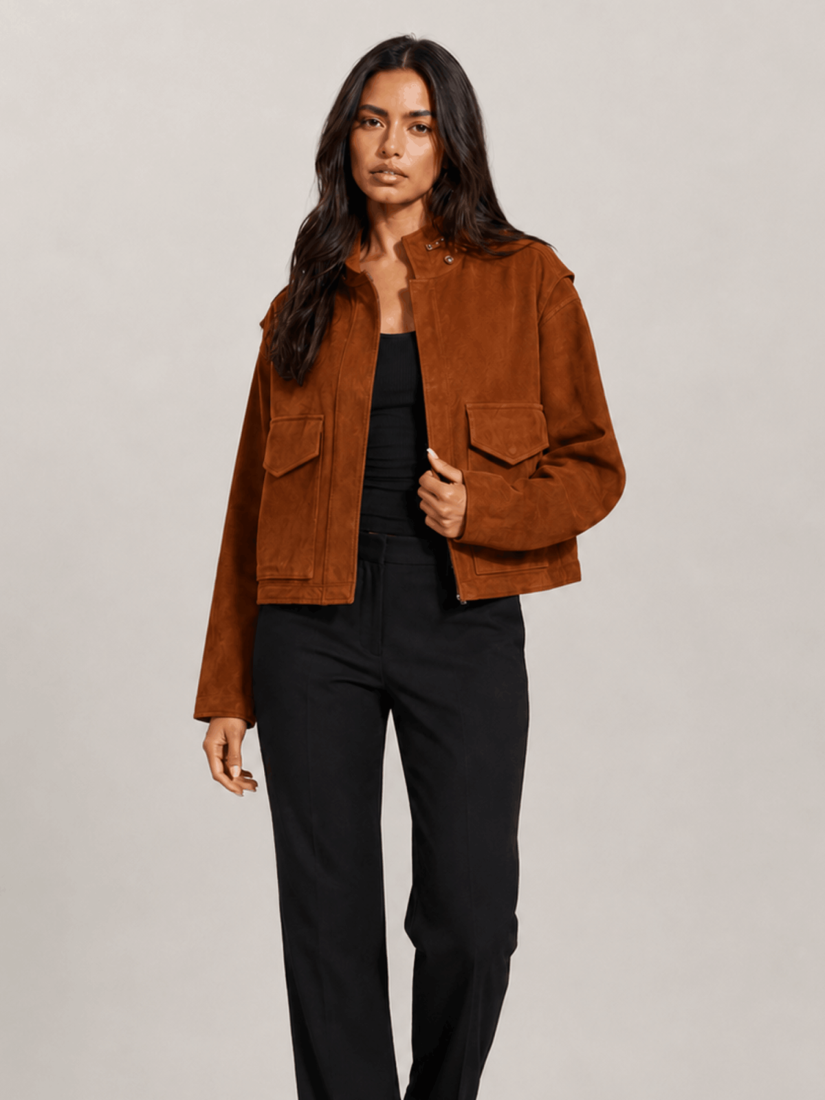 Women's Cognac Brown Clay Funnel Neck Suede Cropped Jacket