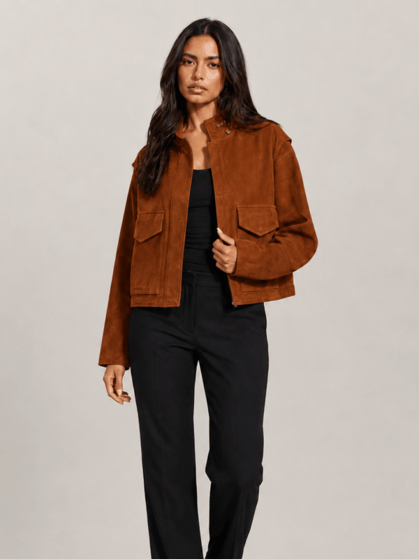 Women's Cognac Brown Clay Funnel Neck Suede Cropped Jacket