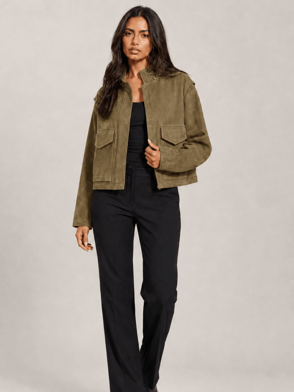 Women's Olive Green Clay Funnel Neck Suede Cropped Jacket