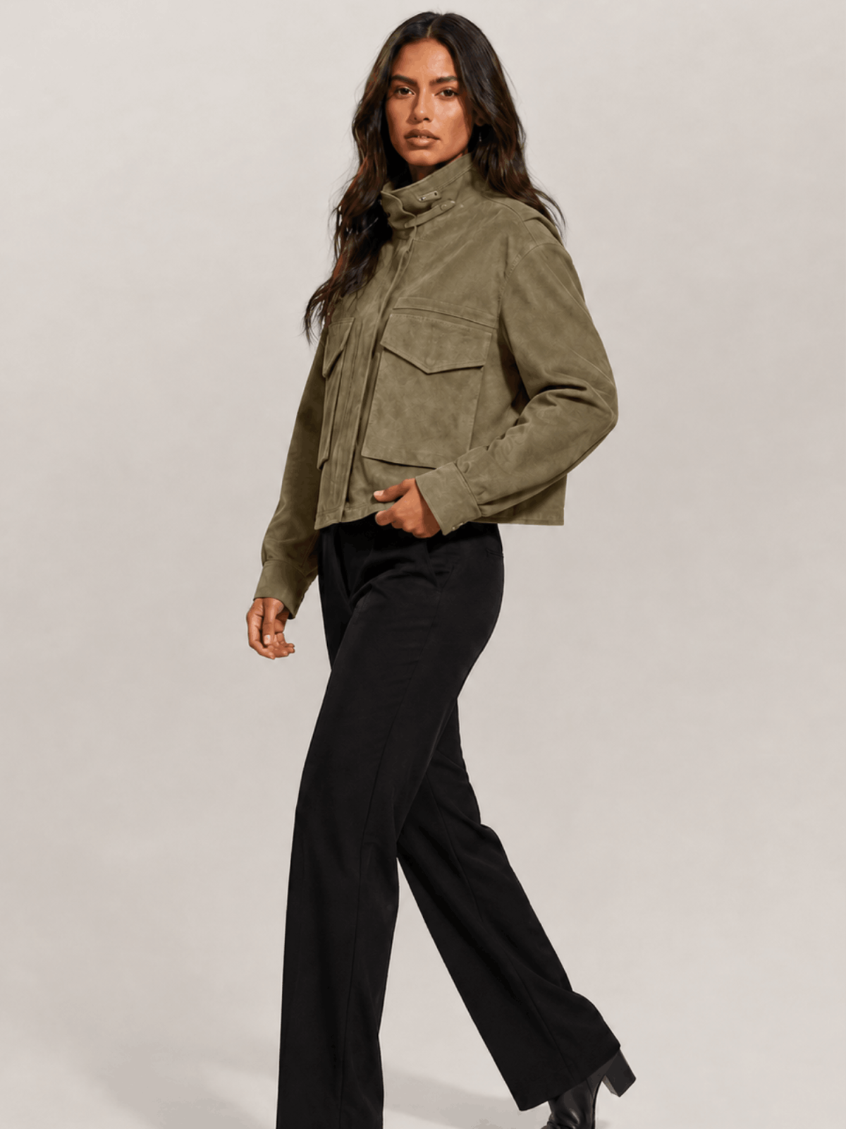 Women's Olive Green Clay Funnel Neck Suede Cropped Jacket