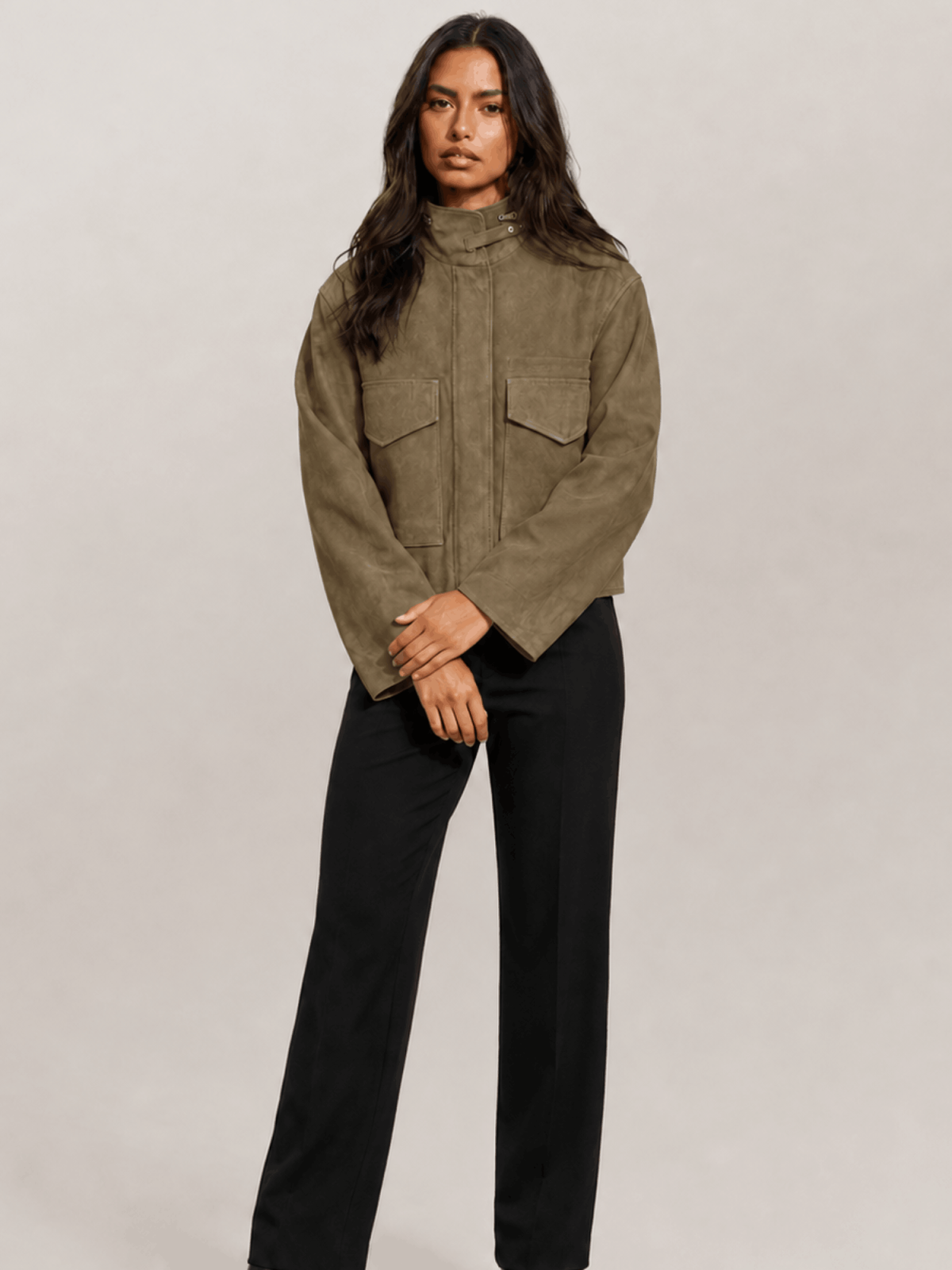 Women's Olive Green Clay Funnel Neck Suede Cropped Jacket