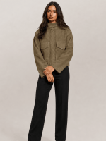 Women's Olive Green Clay Funnel Neck Suede Cropped Jacket