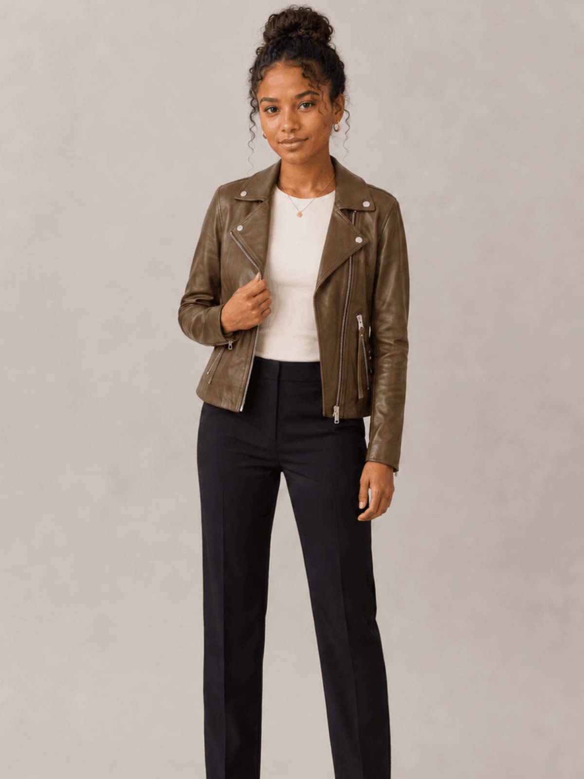 Women's Fango Green Dalby Slim Fit Leather Biker Jacket