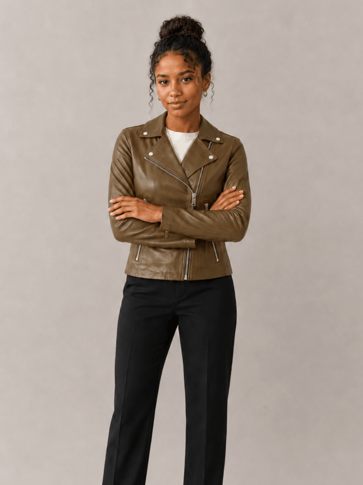 Women's Fango Green Dalby Slim Fit Leather Biker Jacket