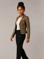 Women's Fango Green Dalby Slim Fit Leather Biker Jacket