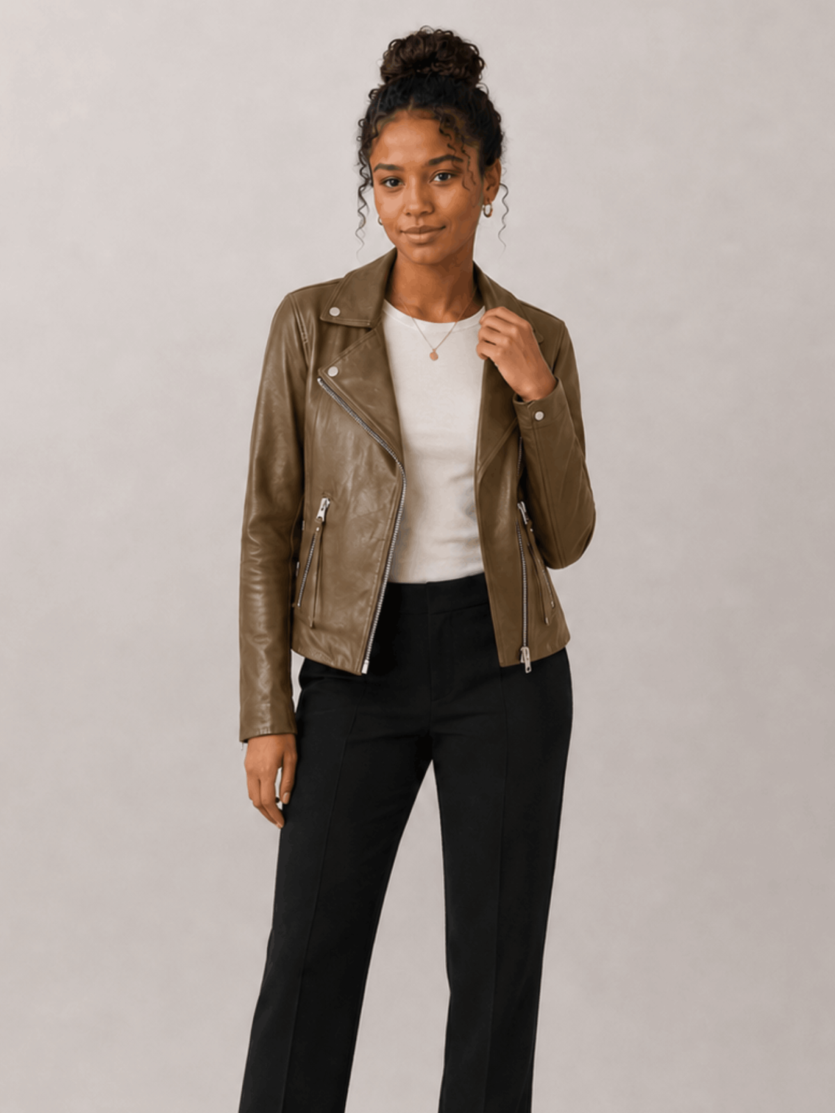 Women's Fango Green Dalby Slim Fit Leather Biker Jacket