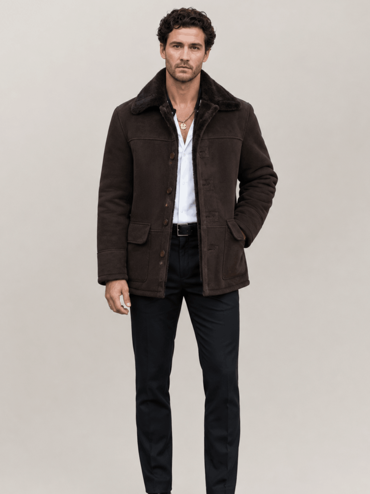 Men's Brown Shearling Sheepskin Car Coat