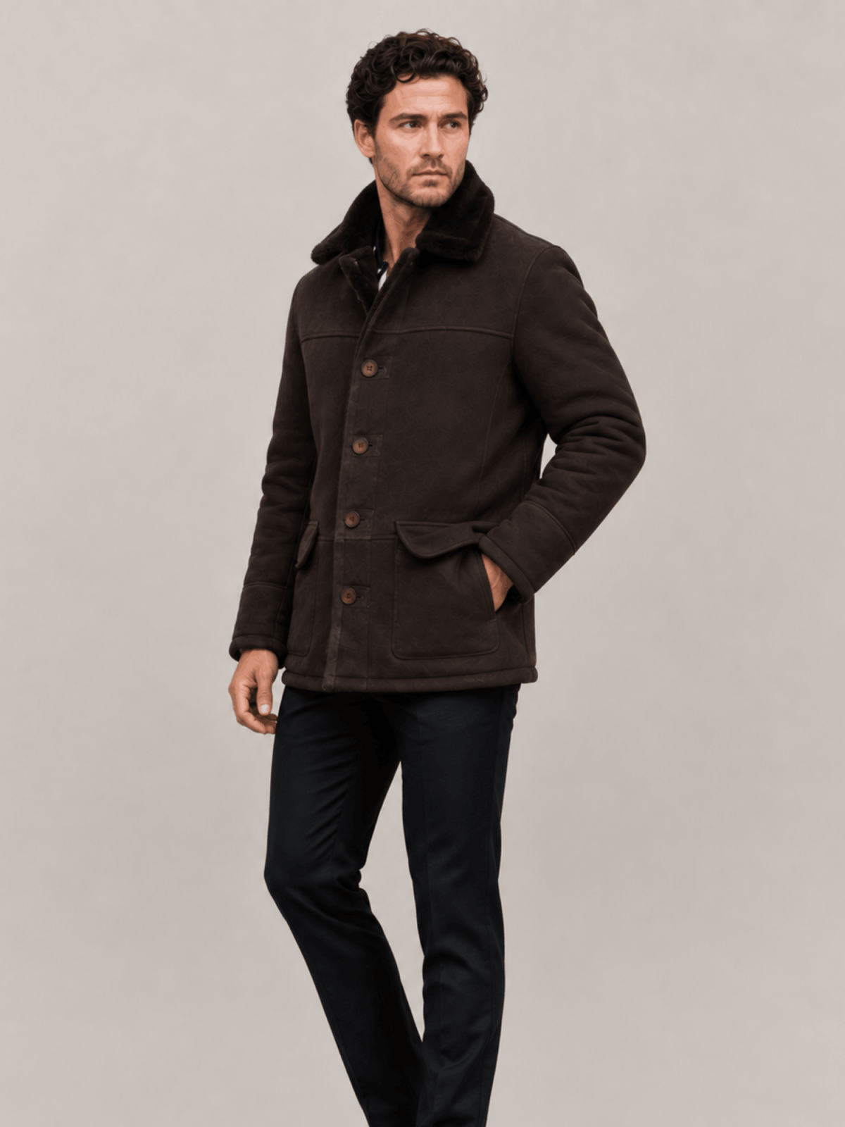 Men's Brown Shearling Sheepskin Car Coat