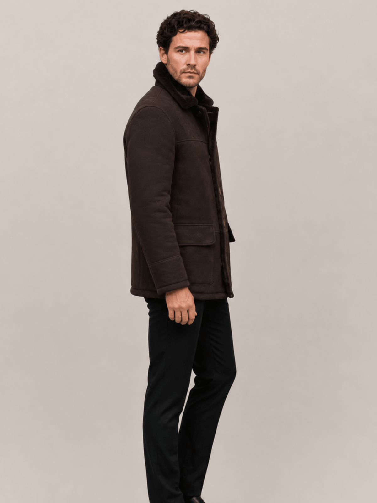 Men's Brown Shearling Sheepskin Car Coat