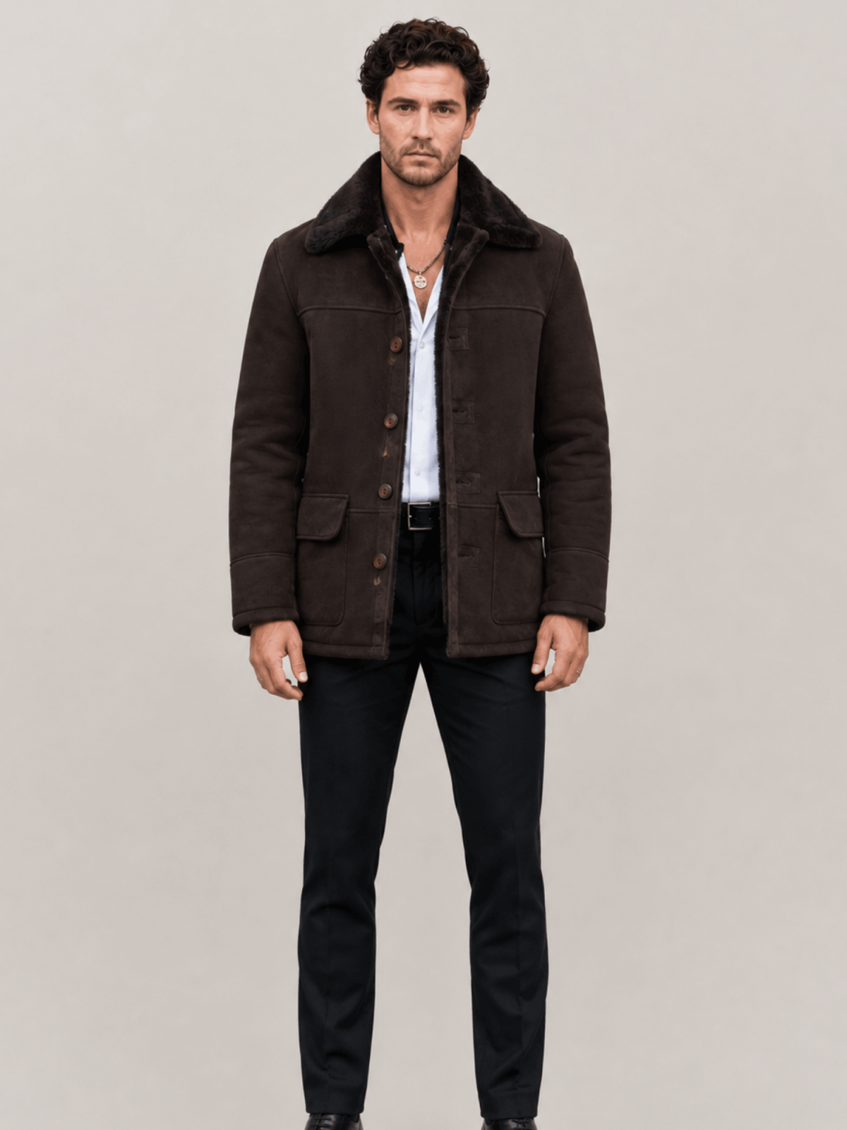 Men's Brown Shearling Sheepskin Car Coat