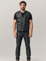 Men's Leather Military Vest Black