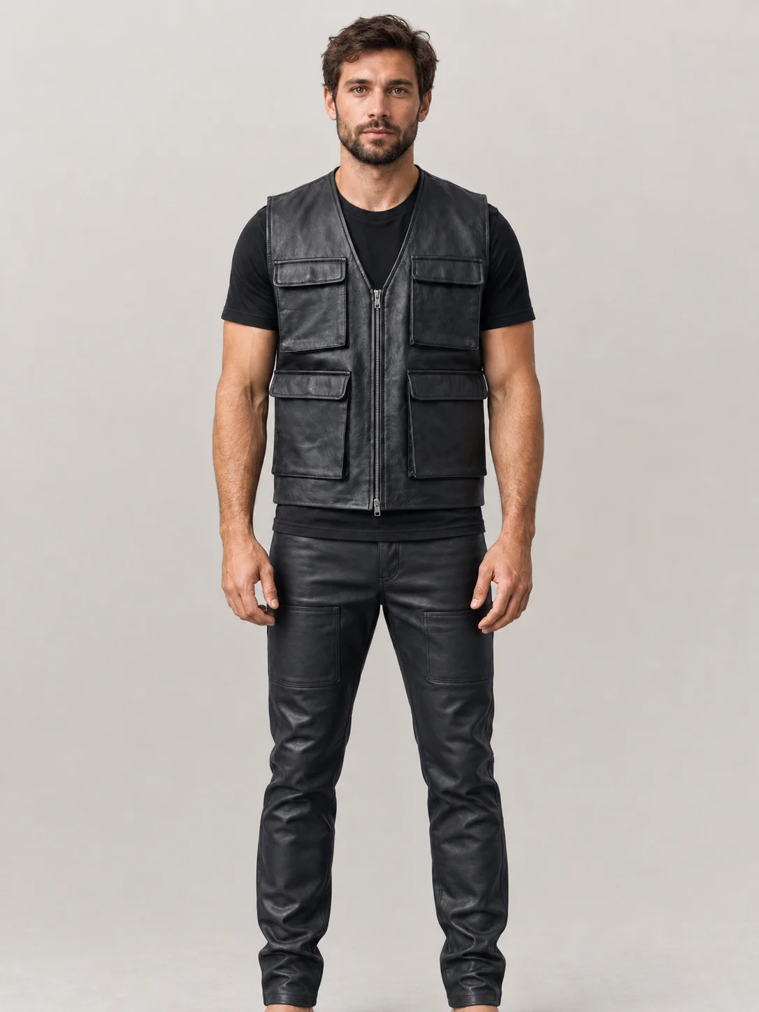 Men's Leather Military Vest Black