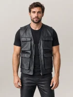 Men's Leather Military Vest Black