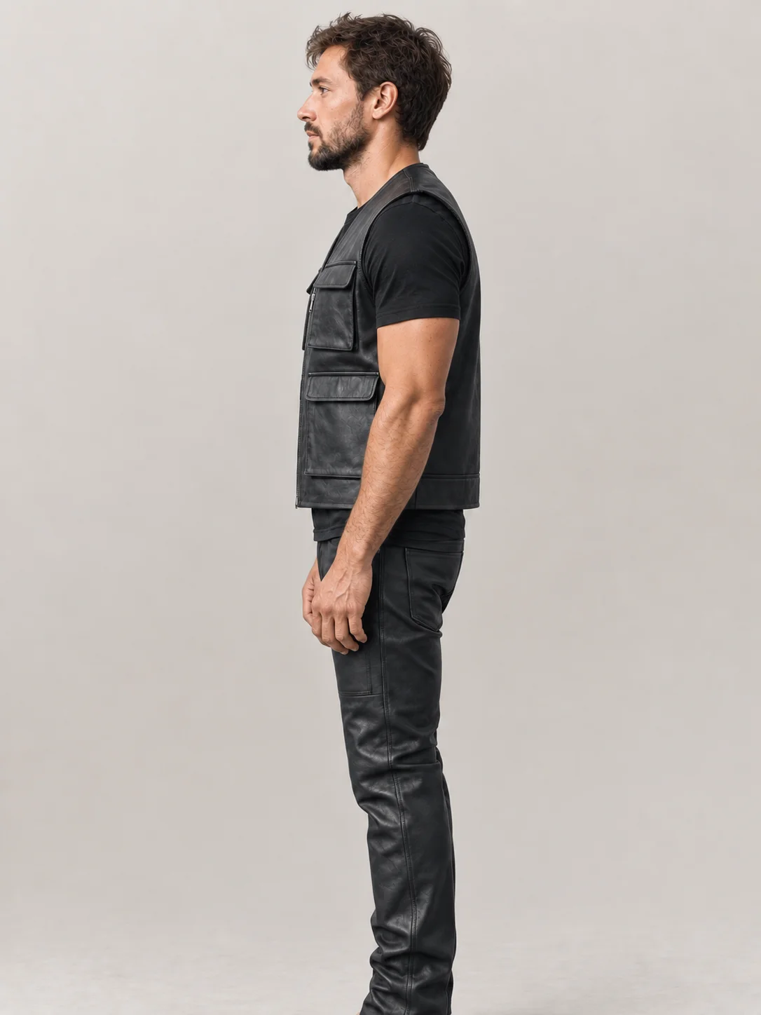 Men's Leather Military Vest Black