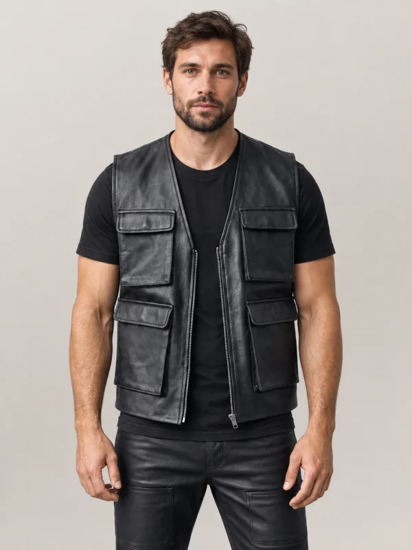 Men's Leather Military Vest Black