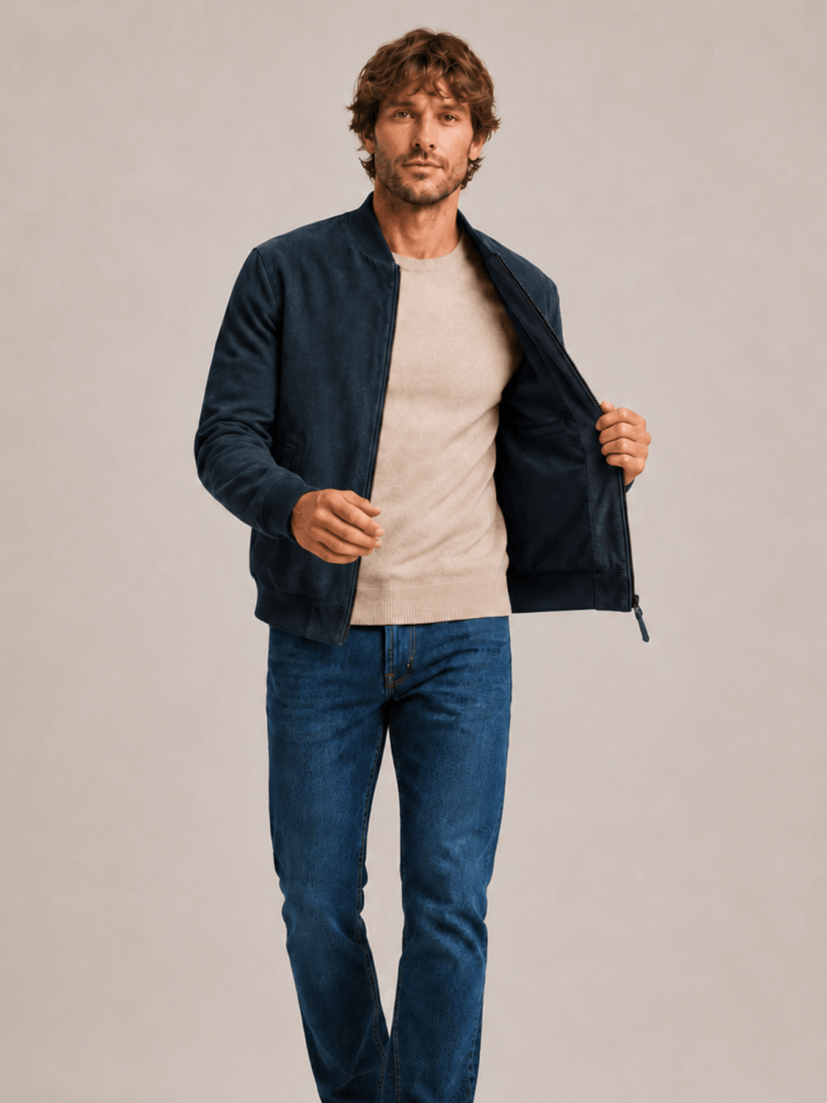 Men's Blue Morten Relaxed Fit Suede Bomber Jacket
