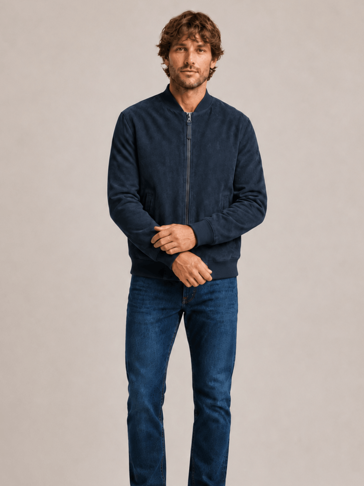 Men's Blue Morten Relaxed Fit Suede Bomber Jacket