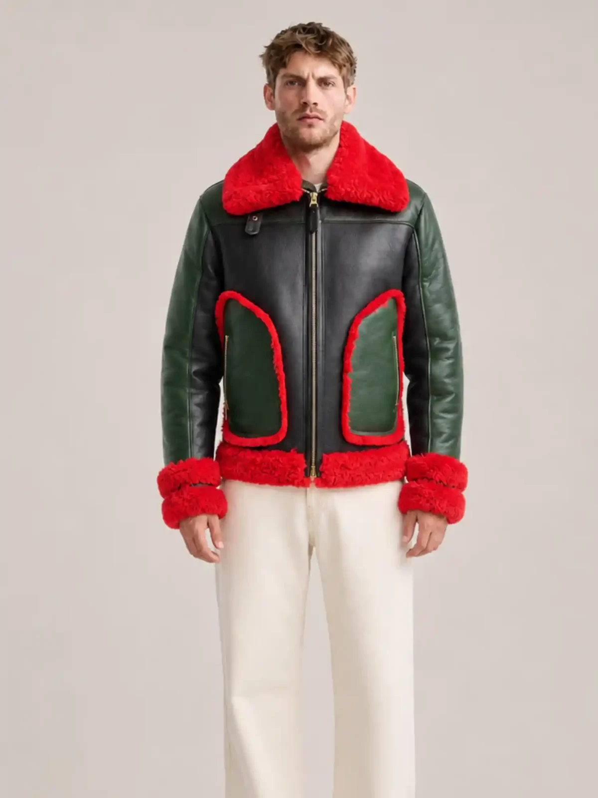 Men's Shearling Red Fur Pilot Style leather Jacket