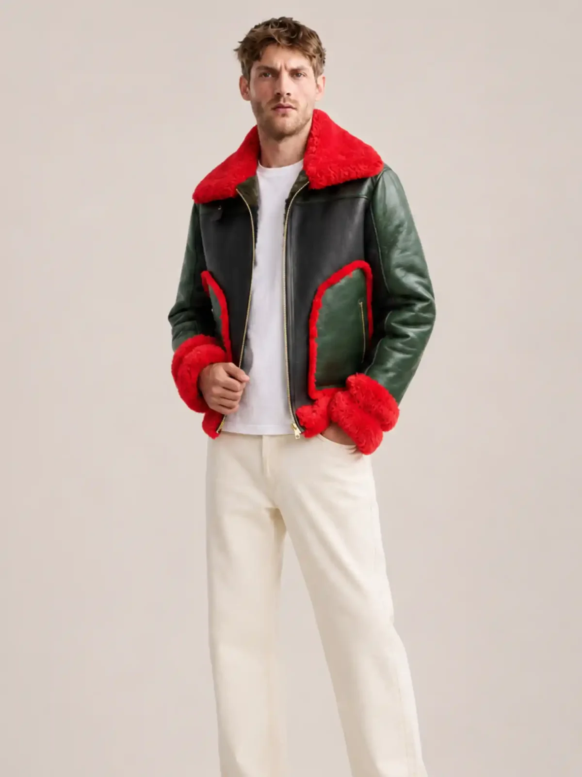 Men's Shearling Red Fur Pilot Style leather Jacket